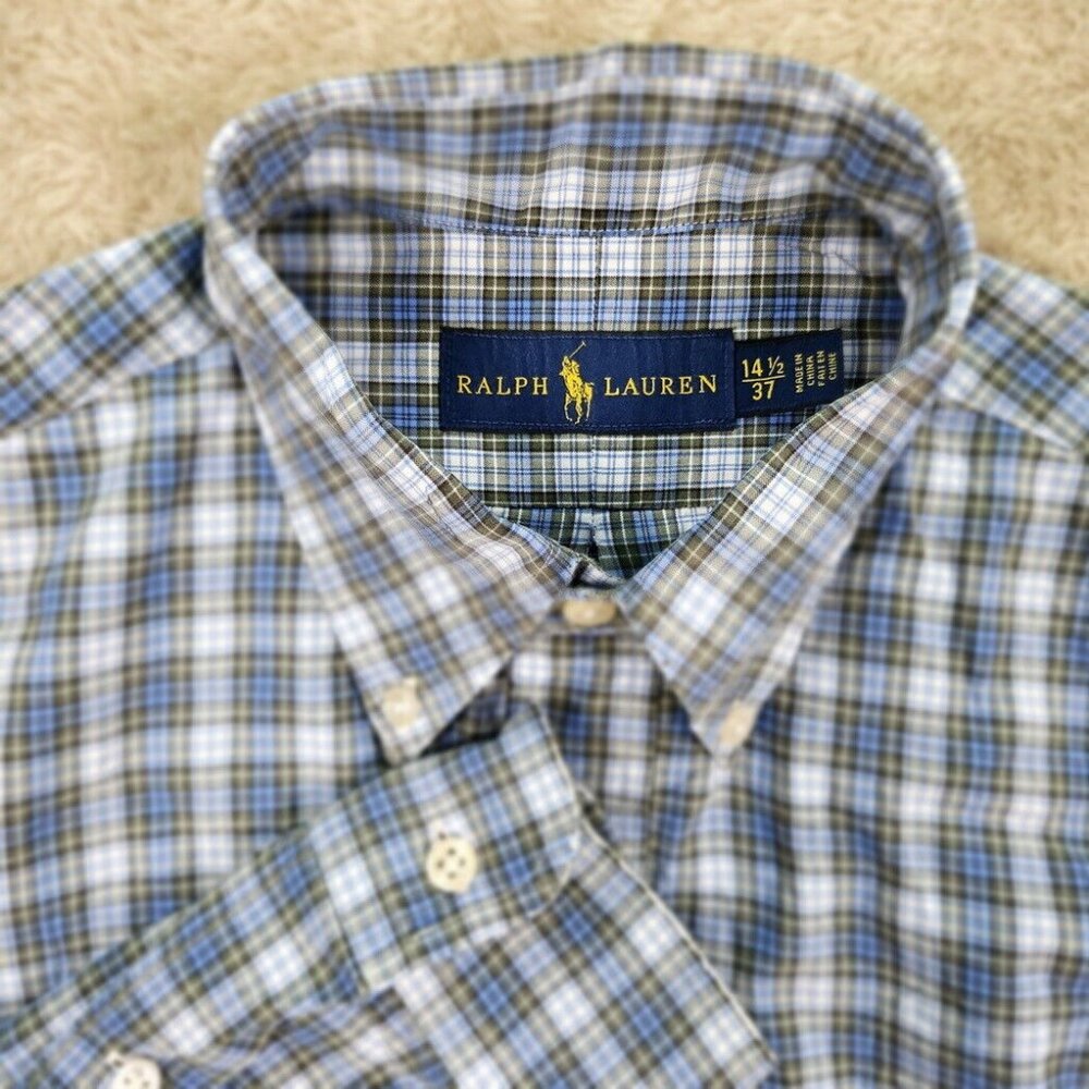 Ralph Lauren Dress Shirt Mens Size 14.5-37 Pony Logo Plaid Checkered Long Sleeve
